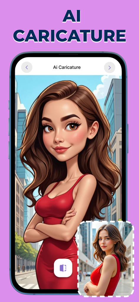 AI Anime Maker- Avatar Creator - KI-Karikatur-Funktion in der KI Anime Maker App, die ein Foto einer Frau zeigt, das in einen digitalen Avatar umgewandelt wurde