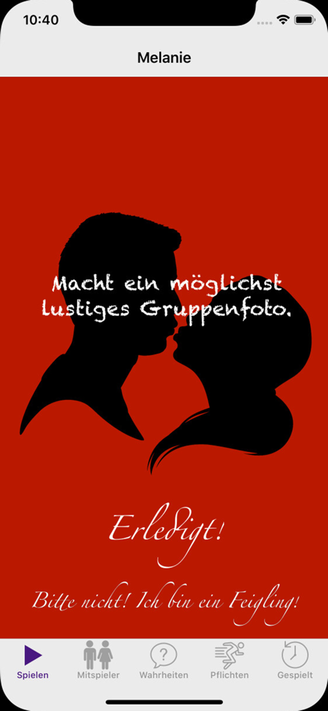 Interface of Sexy Truth or Dare app displaying a dare task with silhouettes of a couple