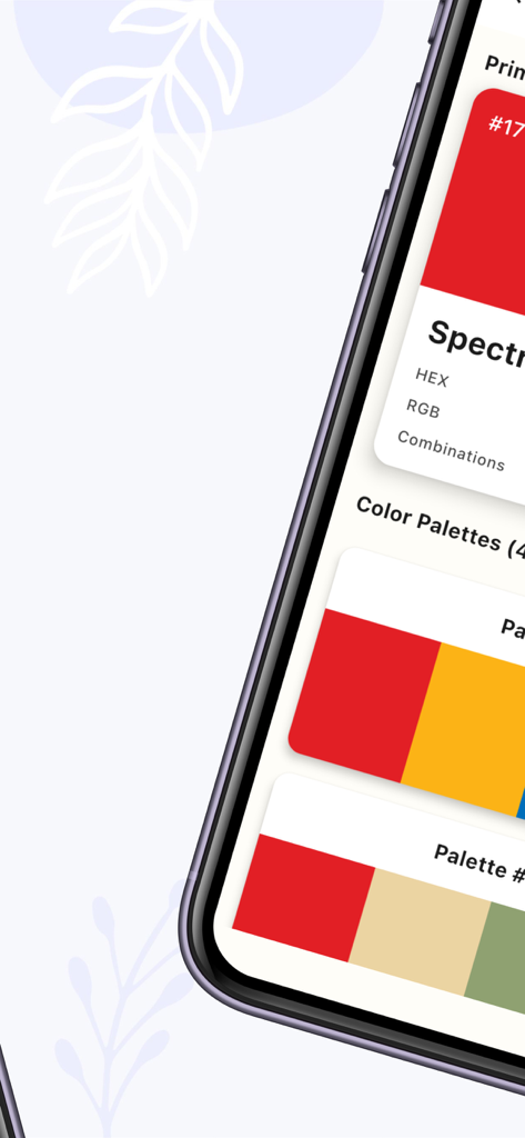 WS Colors - Interface of the WS Colors app displaying a red color spectrum and various harmonious color palette combinations
