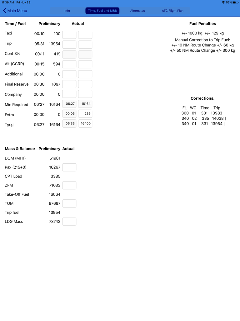 Flight Briefing - Tela do iPad exibindo cálculos de tempo, combustível e massa e balanceamento para planejamento de voo
