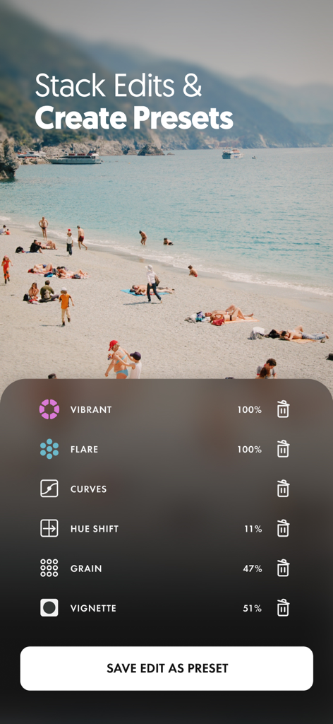 A Color Story: Photo + Video - A Color Story app screen showing stacked photo edits and the create presets feature