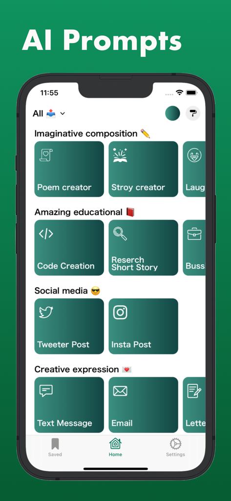 SquibWrite: Writing Assistant - SquibWrite mobile app interface displaying AI prompt categories for social media posts, creative writing, and educational content.