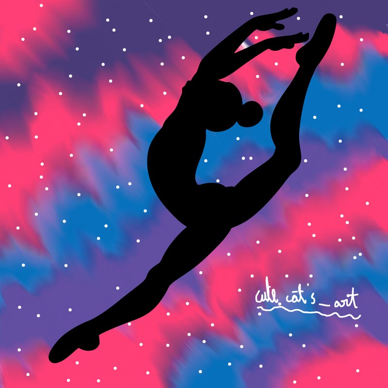 gymnast doing a leap in a leotard with a bent back leg