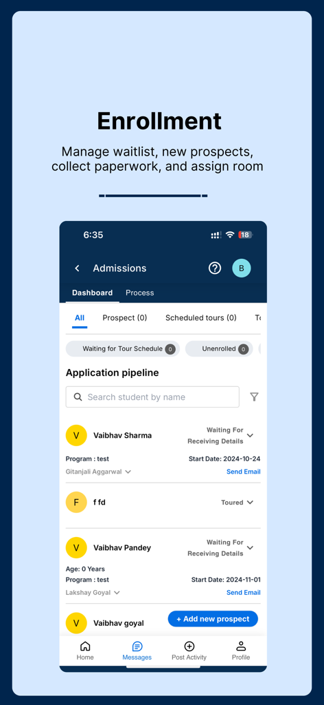 My Kid Reports Childcare App - My Kid Reports admissions dashboard managing student enrollment and waitlists