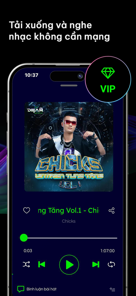 Diijam mobile app music player interface highlighting VIP status and offline listening feature