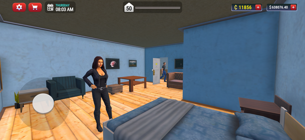 My Hotel Simulator 3D - Um interior de quarto de hotel 3D mostrando um avatar de personagem e móveis em My Hotel Simulator 3D