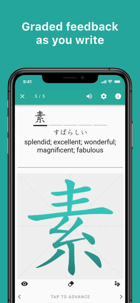 Mobile app interface showing real-time graded feedback while practicing Japanese Kanji stroke order.