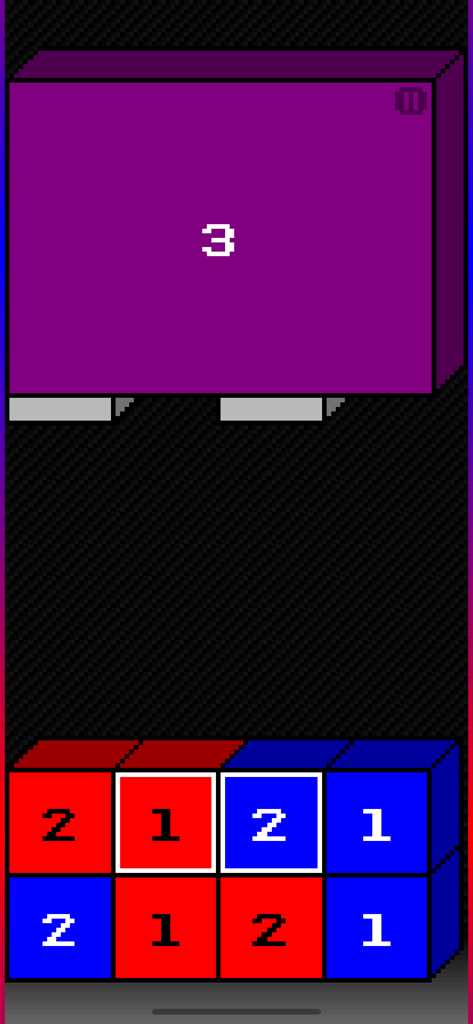 Columber - Juego de Columber que muestra un puzle de lógica de color y números con bloques rojos y azules formando un bloque objetivo morado