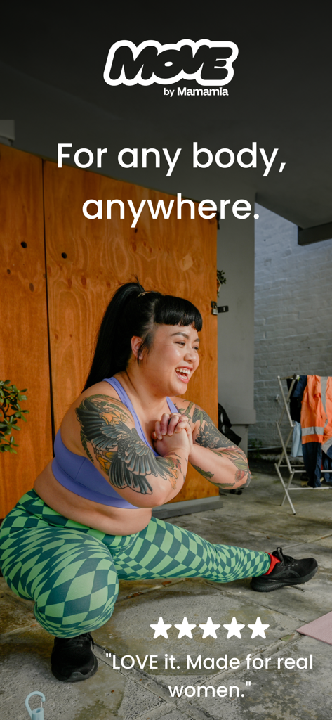 Una donna esegue un allenamento con affondo laterale con il marchio dell'app di fitness MOVE e una recensione dell'utente