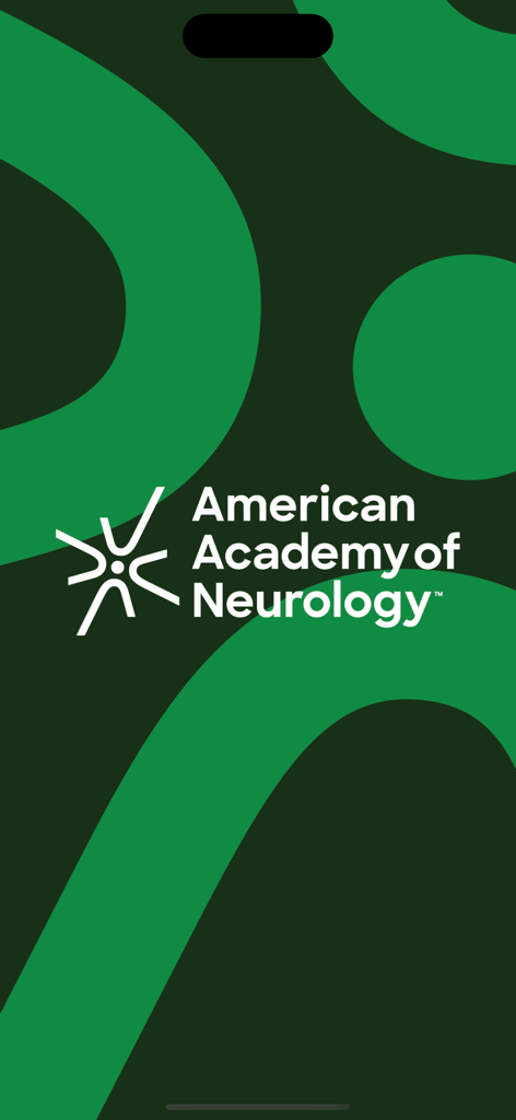 Pantalla de inicio de la aplicación de conferencias de la Academia Estadounidense de Neurología con el logotipo y un diseño abstracto verde