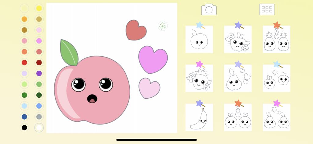 Fruit Coloring for Kid Toddler - Fruit coloring app interface featuring a cute pink peach character and fruit coloring options for kids