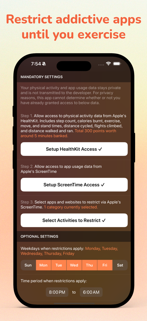 Run For Fun: Screen Time Focus - Pantalla de configuración de la aplicación Run For Fun que muestra la configuración obligatoria para el acceso a HealthKit y Screen Time y los horarios de restricción opcionales.