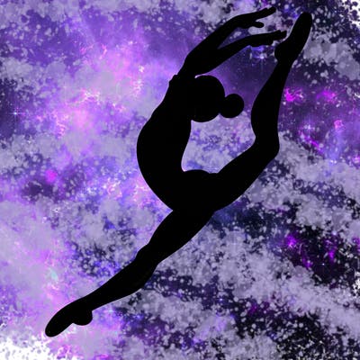 gymnast doing a leap in a leotard with a bent back leg