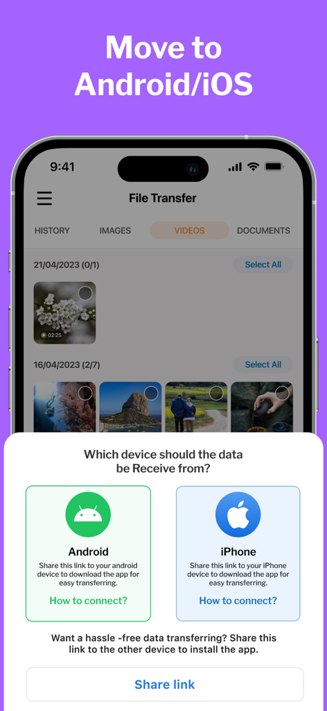 Clone Phone - Smart Switch - Clone Phone app interface showing options to transfer data from Android or iPhone
