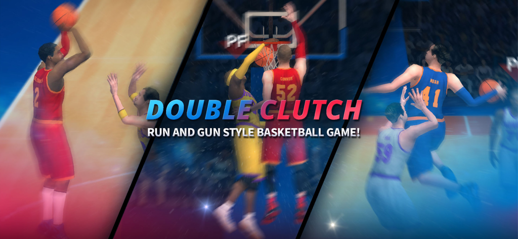 Action packed collage of players dunking and shooting in DoubleClutch basketball game