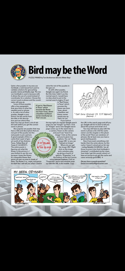 FTF - FTF Geocacher 매거진의 페이지로, 퍼즐 기본 가이드 기사와 지오캐싱에 대한 만화 스트립이 포함되어 있습니다.