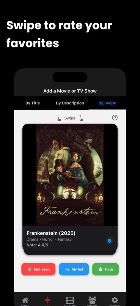 CinéList - Interfaz de la aplicación CinéList que muestra la función de deslizar para calificar de la película Frankenstein