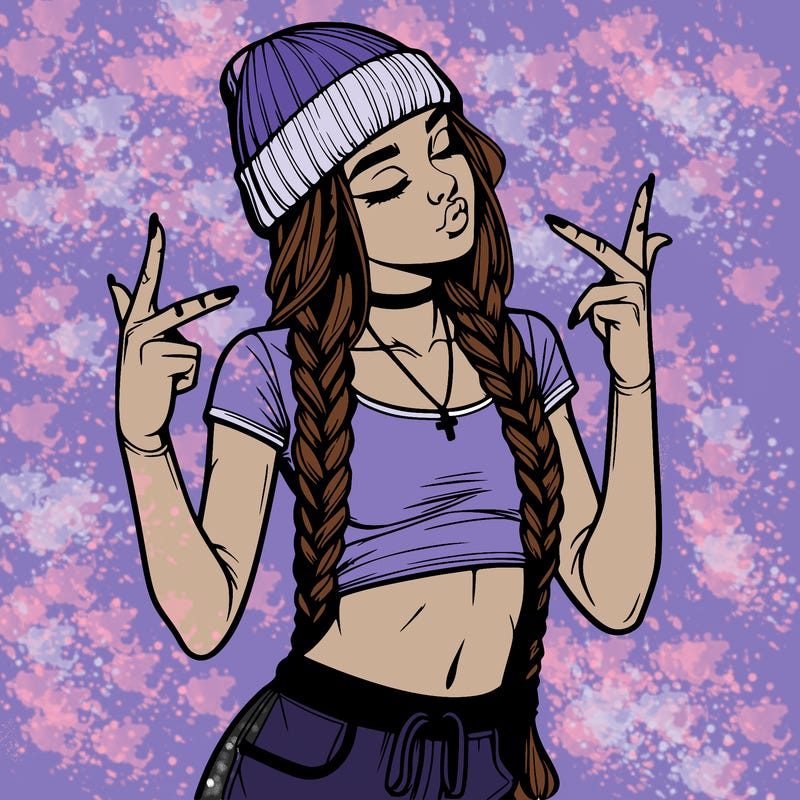 realistic teenage girl with braids and a beanie and crop top doing 🫶🏼