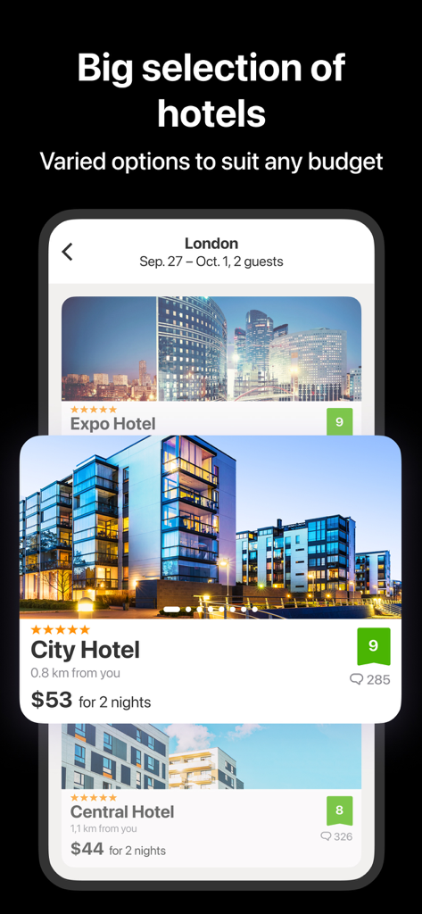 Aplicación B2B Ostrovok mostrando una selección de opciones de reserva de hotel en Londres para profesionales de viajes