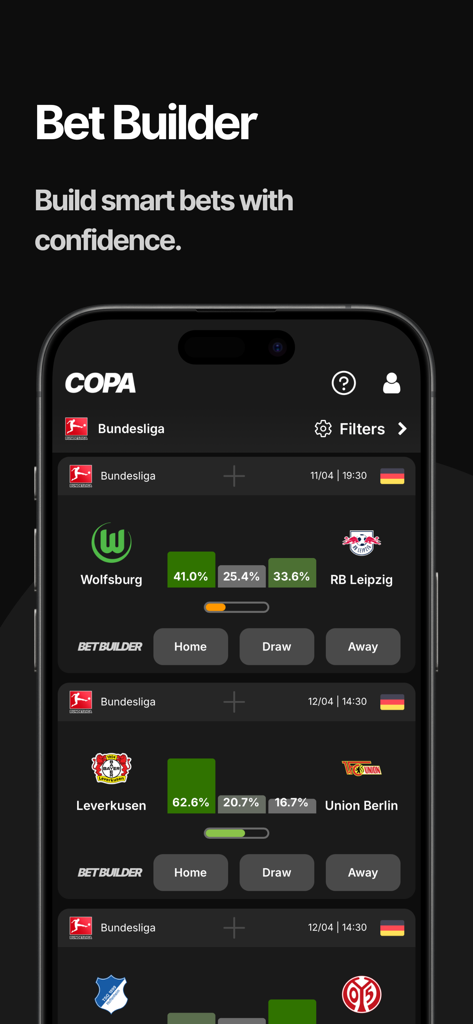 COPA: Football Predictions - Pantalla del constructor de apuestas de la aplicación COPA que muestra porcentajes de predicción de partidos de fútbol de IA