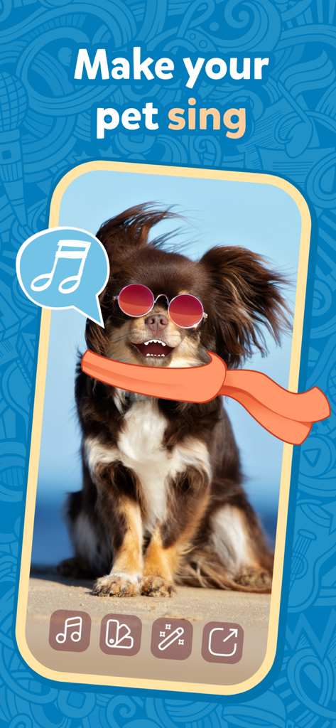 Talking Pet: Dog & Cat Talk - Captura de pantalla de la aplicación Talking Pet mostrando un perro de pelo largo y marrón con gafas de sol rosas y una bufanda naranja cantando