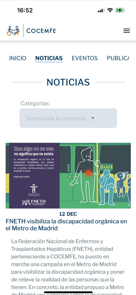 COCEMFE App - The news section of the COCEMFE app displaying an article about organic disability awareness.