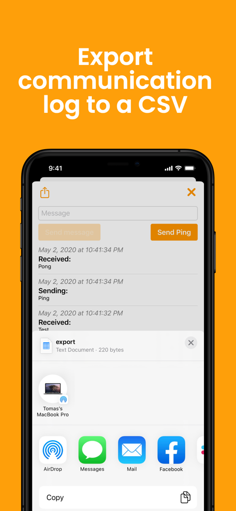 Captura de pantalla de la aplicación Cliente WebSocket WSS que muestra la función para exportar registros de comunicación a un archivo CSV a través del menú compartir de iOS.