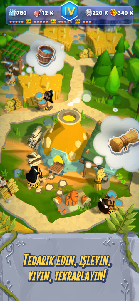 Rise of Empire: Idle Tycoon - Rise of Empire Idle Tycoon gameplay showing cartoon cavemen processing resources and food in a vibrant Stone Age village