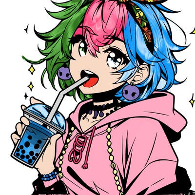 hot baddie anime girl drinking boba and biting the straw