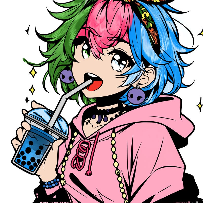 hot baddie anime girl drinking boba and biting the straw
