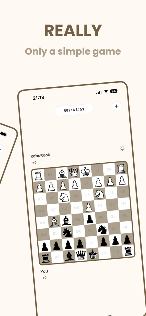 Interface de tabuleiro de xadrez minimalista para celular do NoFluff Chess mostrando um jogo em andamento contra um oponente de computador com um cronômetro no topo.