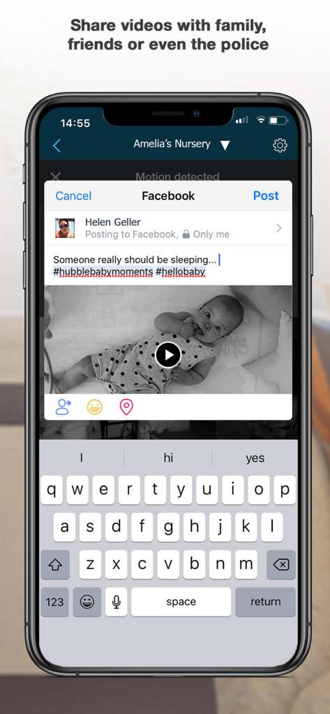 Pantalla de smartphone mostrando la interfaz de la aplicación Hubble Connected para compartir un clip de video del monitor de bebé en Facebook