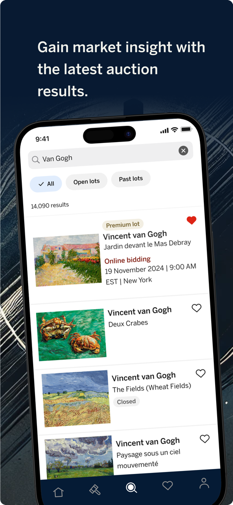 Sotheby's - 경매 날짜와 입찰 상태가 포함된 빈센트 반 고흐 작품 검색 결과를 보여주는 소더비 모바일 앱 화면