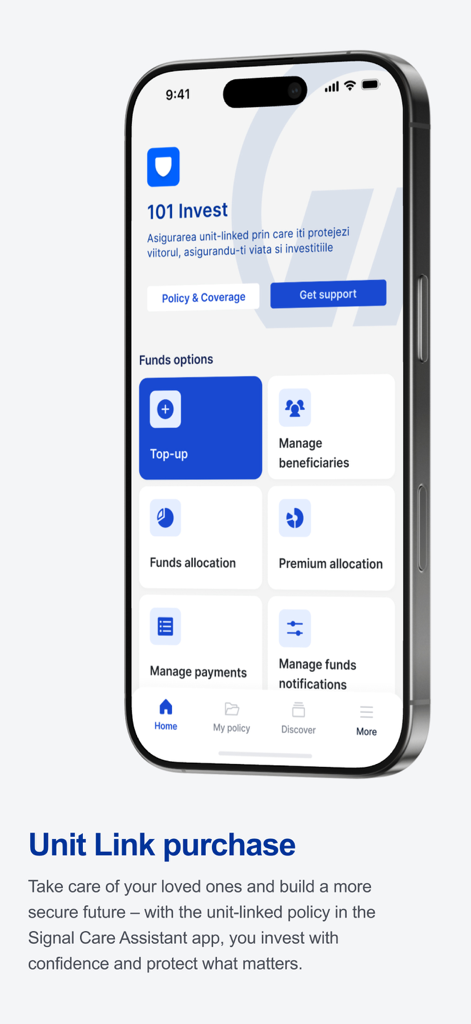 Signal Care Assistant - Interfaccia dell'app mobile Signal Care Assistant che mostra opzioni di investimento e gestione dei fondi per polizze assicurative unit-linked