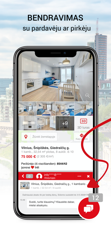 Aruodas.lt app interface showing a real estate listing in Vilnius and integrated chat with the seller.