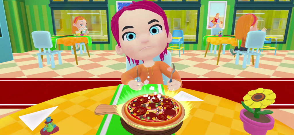 Cooking Master: Chef Game - A cartoon child character in a restaurant sitting at a table with a freshly baked pepperoni pizza