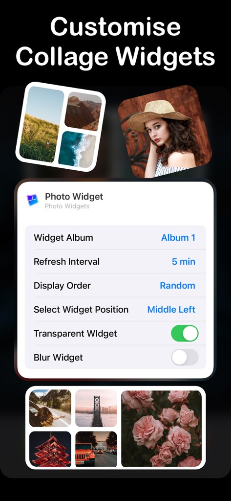 Photo Widget - Picture Collage - Customizable photo widget settings showing album selection, refresh interval, and collage layout examples