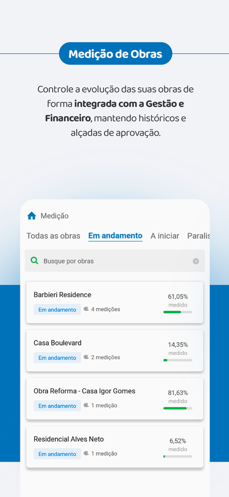 Interface of the Mais Controle app showing a list of ongoing construction projects with their measurement percentages and progress bars