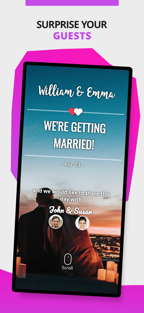 Eventia - Digital Invitations - Una invitación de boda digital personalizada en una pantalla de móvil para la aplicación Eventia