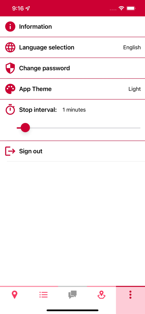 easyTRACK - The settings interface of the easyTRACK fleet management app showing options for language selection and tracking stop interval configuration.