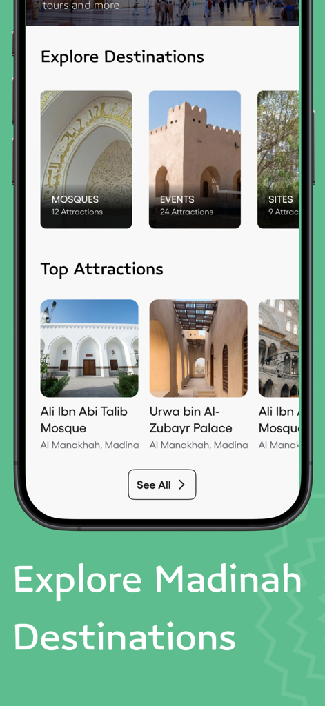 Visit Madinah | روح المدينة - Mobile app interface displaying categories like mosques and events for exploring Madinah