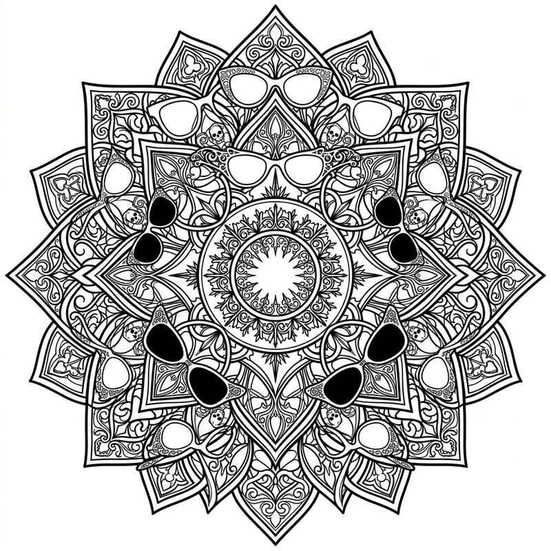 Discover a uniquely stylish Gothic Eyewear Mandala, perfect for adults and teens. This intricate coloring page blends fashionable glasses and sunglasses with elegant gothic patterns in a symmetrical design.