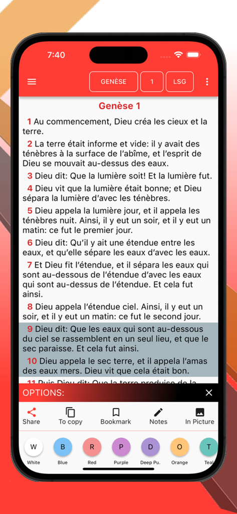 La Sainte Bible Multilangue - French Bible app reading interface with highlighting and sharing options