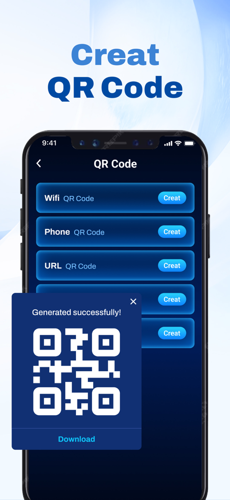 VPN  - UltraLink ℠ - UltraLink VPN 앱에서 Wi-Fi 및 URL 세부 정보를 공유하기 위한 QR 코드 생성 기능을 보여주는 스마트폰 화면.