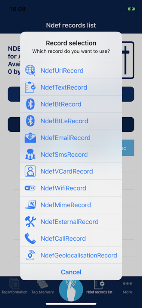 NFC Tap - NFC Tap app interface showing a list of NDEF record options like URI text and Bluetooth
