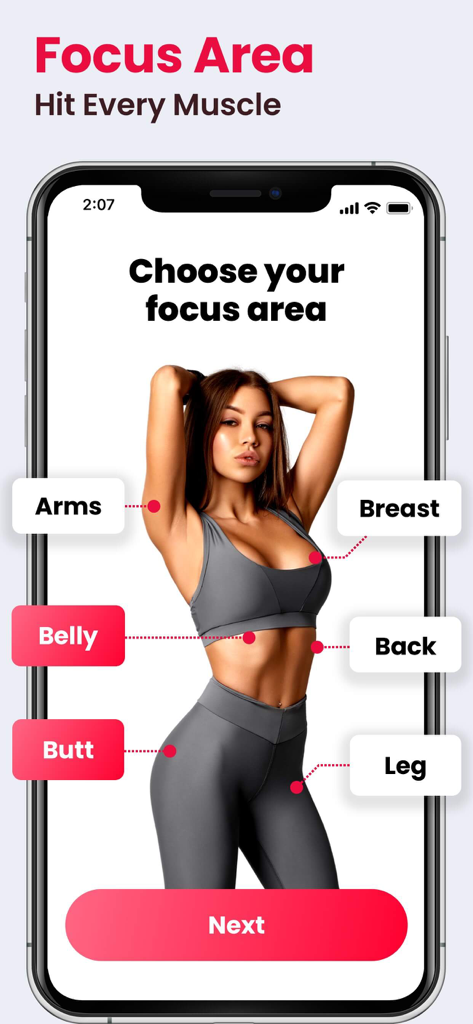 Women Workouts app interface for selecting targeted body areas like belly arms and legs