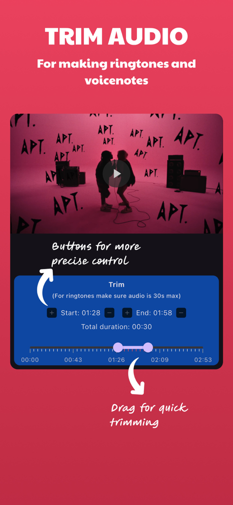Convert Video to Audio Offline - Interface for trimming audio segments to create custom ringtones and voice notes with precise time controls.