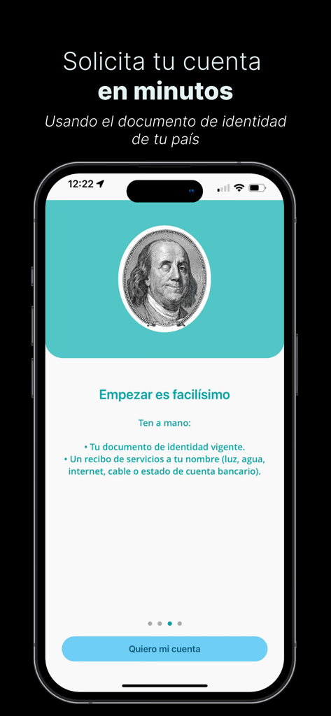 Tu Cuenta Dólar FACEBANK - Pantalla de solicitud de cuenta en dólares de FACEBANK con requisitos de identidad y recibo de servicios