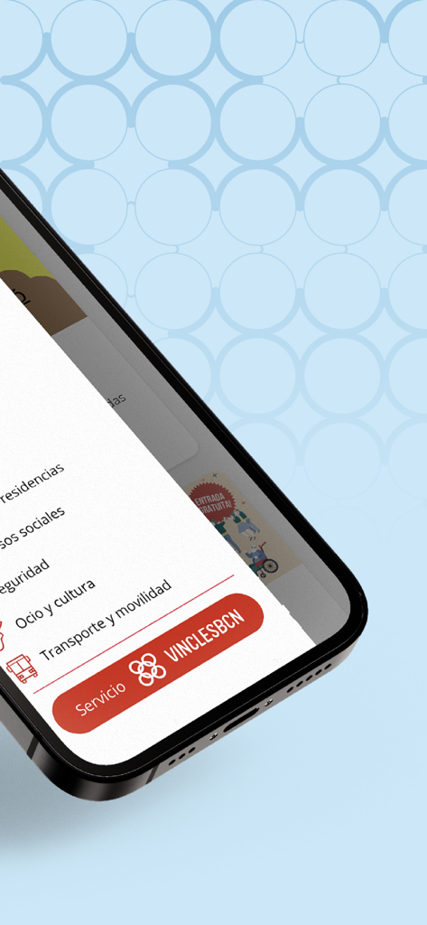 BCN+65 - 사회 서비스 및 교통 카테고리가 있는 BCN+65 앱 메뉴를 보여주는 스마트폰 화면