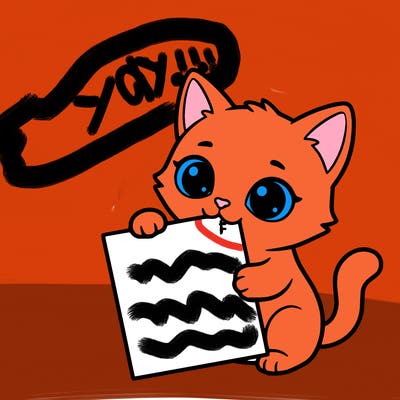 a small cat with a blank sheet of paper in its hand. the cat is sooooooo cute!